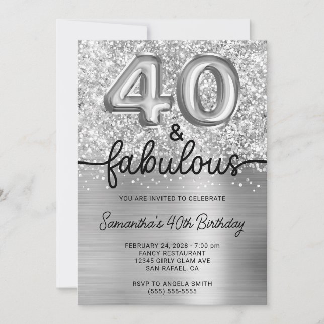 Invitación Glam plateado Purpurinoso 40 y fabuloso (Anverso)
