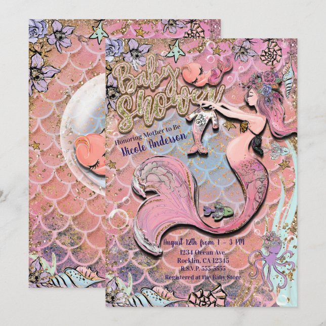 Invitación Glam Prego Mermaid Gold Purpurina Baby Shower (Anverso / Reverso)
