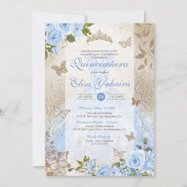 Invitación Glam Princess Blue Gold Rose Butterfly Quinceanera (Anverso)