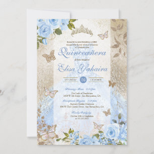 Invitación Glam Princess Blue Gold Rose Butterfly Quinceanera