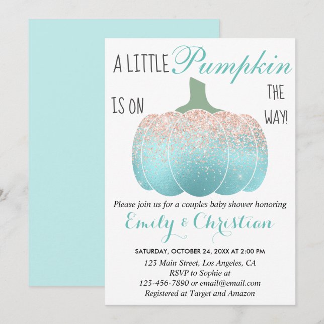 Invitación Glam Pumpkin Aqua Peach Naranja Purpurina Baby Sho (Anverso / Reverso)