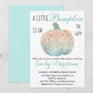 Invitación Glam Pumpkin Aqua Peach Naranja Purpurina Baby Sho