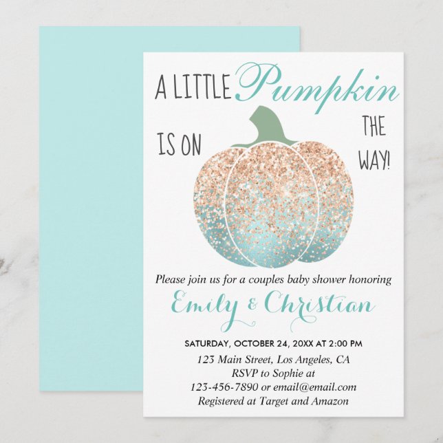Invitación Glam Pumpkin Aqua Peach Naranja Purpurina Baby Sho (Anverso / Reverso)