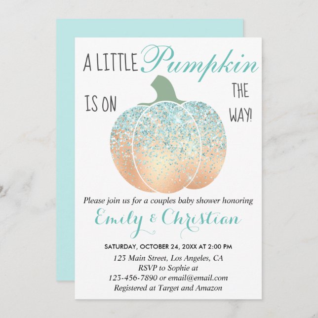 Invitación Glam Pumpkin Aqua Turquoise Purpurina Baby Shower (Anverso / Reverso)