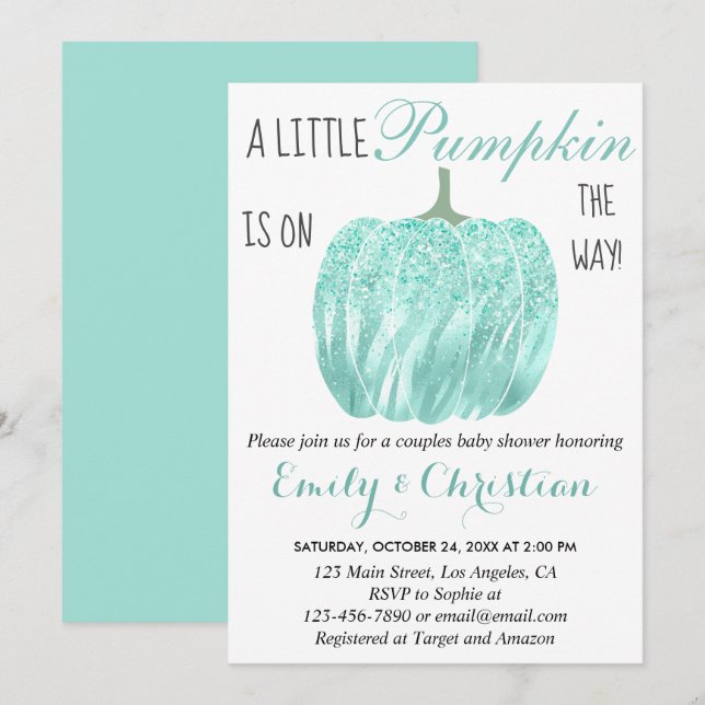 Invitación Glam Pumpkin Aqua Turquoise Purpurina Baby Shower (Anverso / Reverso)