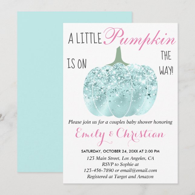 Invitación Glam Pumpkin Aqua Turquoise Purpurina Baby Shower (Anverso / Reverso)