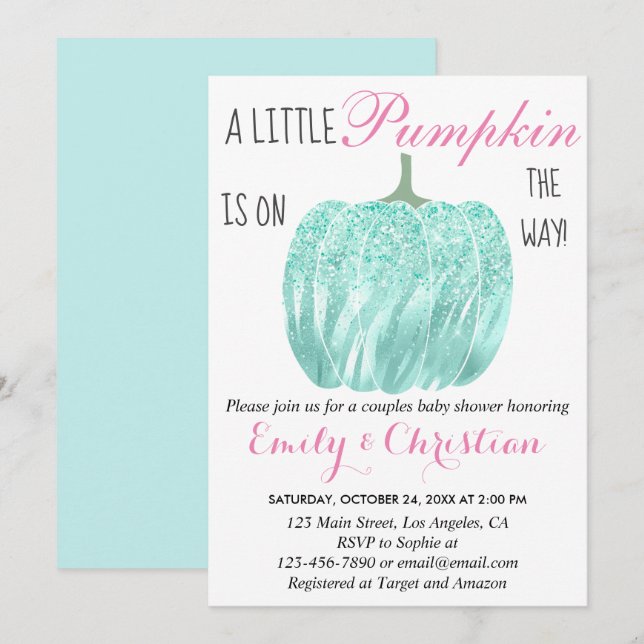 Invitación Glam Pumpkin Aqua Turquoise Purpurina Baby Shower (Anverso / Reverso)