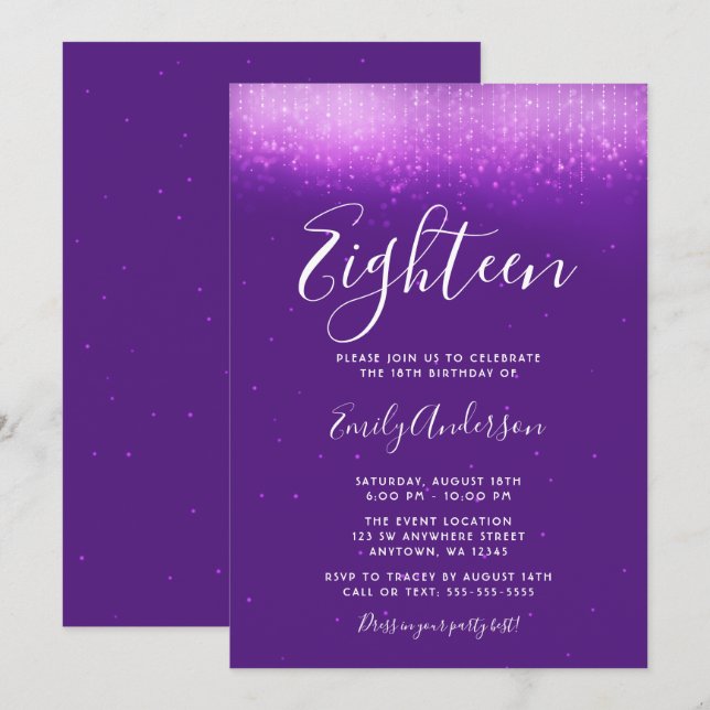 Invitación Glam Purple 18º cumpleaños (Anverso / Reverso)