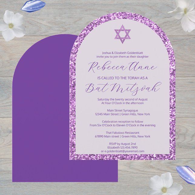 Invitación Glam Purple Arch Tradicional Elegante Bat Mitzvah (These decorative arch Bat Mitzvah invitations in purple are easy to personalize)