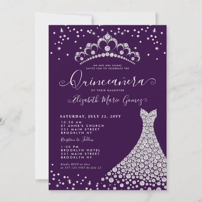 Invitación Glam Purple Diamond Sparkle Tiara Gown Quinceanera (Anverso)