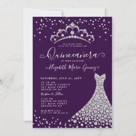 Invitación Glam Purple Diamond Sparkle Tiara Gown Quinceanera