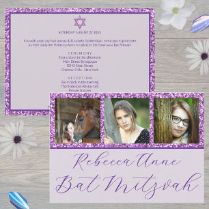 Invitación Glam Purple Elegant Script 3 Photo Bat Mitzvah