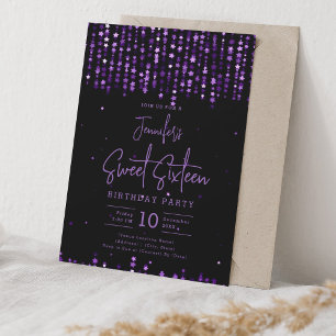 Invitación Glam Purple Falling Stars Dulce fiesta de cumpleañ
