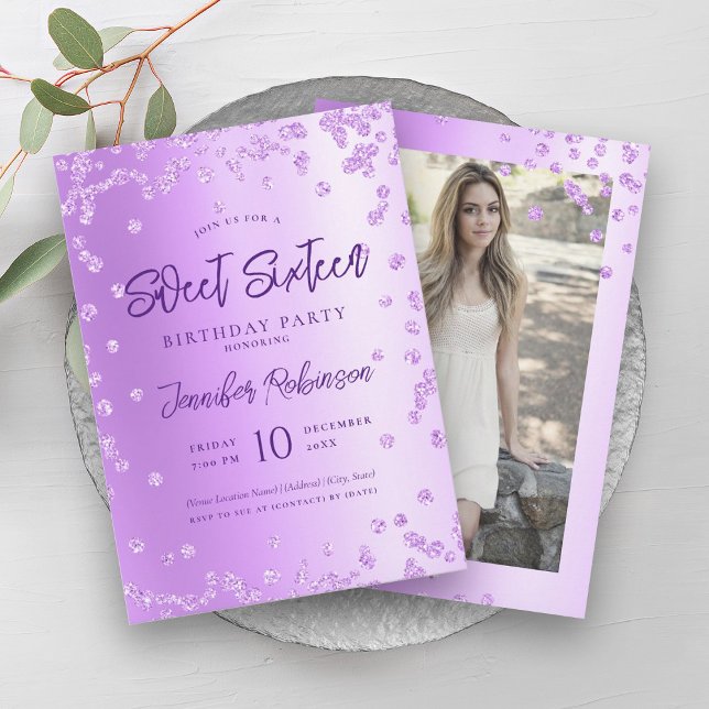 Invitación Glam Purple Moda Purpurina Foto Dulce 16 (Glam Purple Chic Glitter Photo Sweet 16 Invitation)