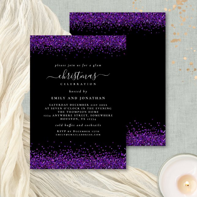 Invitación Glam Purple Purpurina Navidades Fiesta Negro (Front and back view)