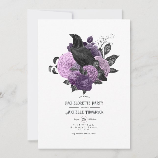 Invitación Glam Purple Raven Gothic Bachelorette Party (Anverso)