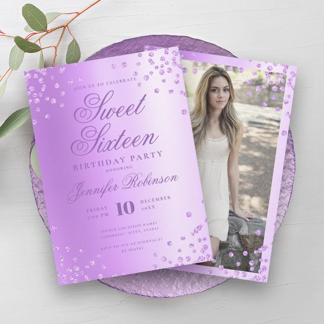 Invitación Glam Purple Relieve metalizado Purpurina Confetti  (Glam Purple Foil Glitter Confetti Photo Sweet 16 Invitation)