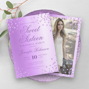 Invitación Glam Purple Relieve metalizado Purpurina Confetti