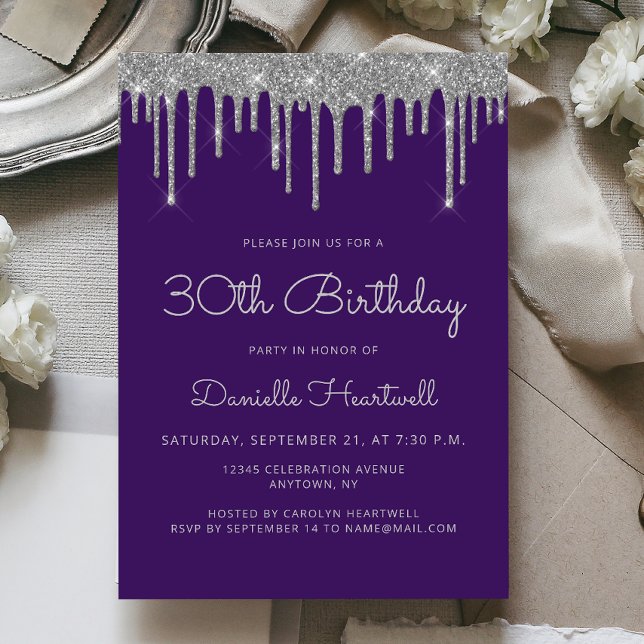 Invitación Glam Purple Silver Purpurina Drip 30 cumpleaños (Subido por el creador)