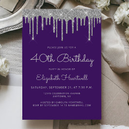 Invitación Glam Purple Silver Purpurina Drip 40 cumpleaños