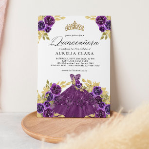 Invitación Glam Purple Vestido Floral 15 Quinceañera