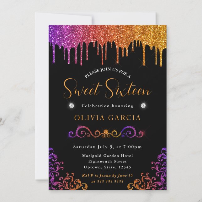 Invitación Glam púrpura y naranja gradiente brillo Sweet 16 (Anverso)