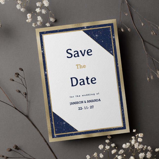 Invitación Glam purpurina azul marino de oro blanco salva la  (White gold navy blue glitter glam Save The Date )