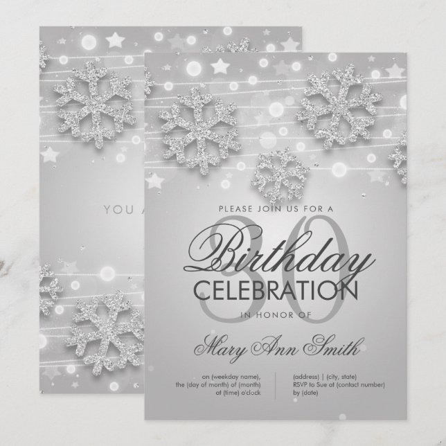 Invitación Glam, Purpurina de invierno de 30 años de Silver (Anverso / Reverso)