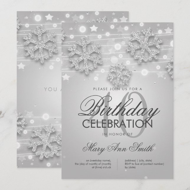 Invitación Glam, Purpurina de invierno de 40 años de Silver (Anverso / Reverso)