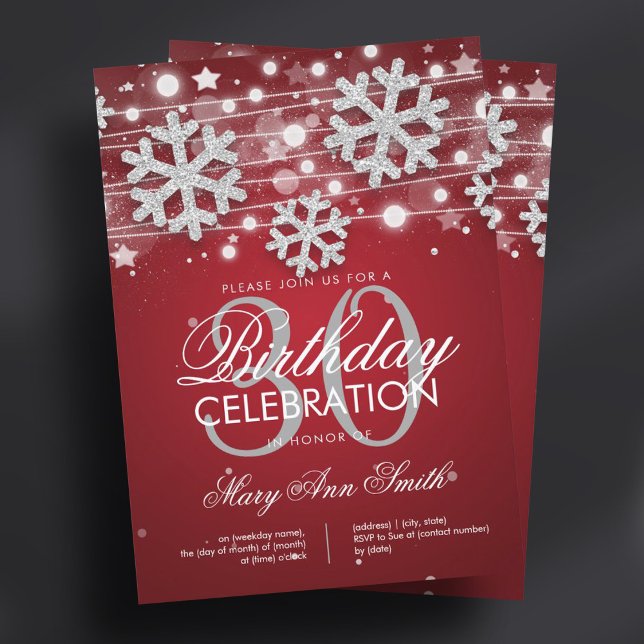 Invitación Glam, Purpurina de invierno de cumpleaños 30 color (Silver Red 30th Birthday Winter Glitter Glam Invitation)