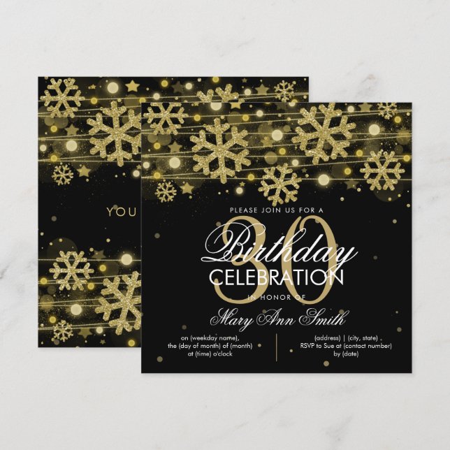 Invitación Glam, Purpurina de invierno negro dorado, cumpleañ (Anverso / Reverso)