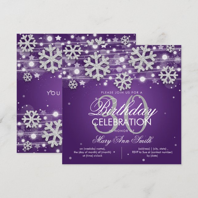 Invitación Glam, Purpurina de invierno púrpura plateado, cump (Anverso / Reverso)