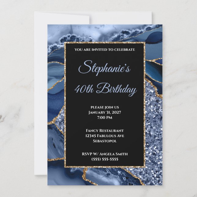 Invitación Glam, Purpurina de oro de la Marina Agate, 40 años (Anverso)