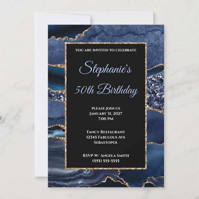 Invitación Glam, Purpurina de oro de la Marina Agate, 50 años (Anverso)