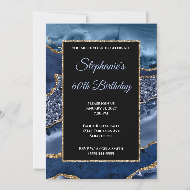 Invitación Glam, Purpurina de oro de la Marina Agate, 60 años (Anverso)