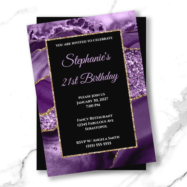Invitación Glam, Purpurina de oro de la Purple Agate, 21º cum (Purple Agate Gold Glitter Glam 21st Birthday Invitation)
