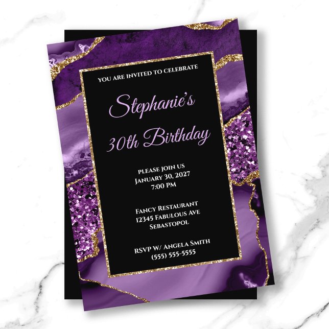 Invitación Glam, Purpurina de oro de la Purple Agate, 30 años (Purple Agate Gold Glitter Glam 30th Birthday Invitation)