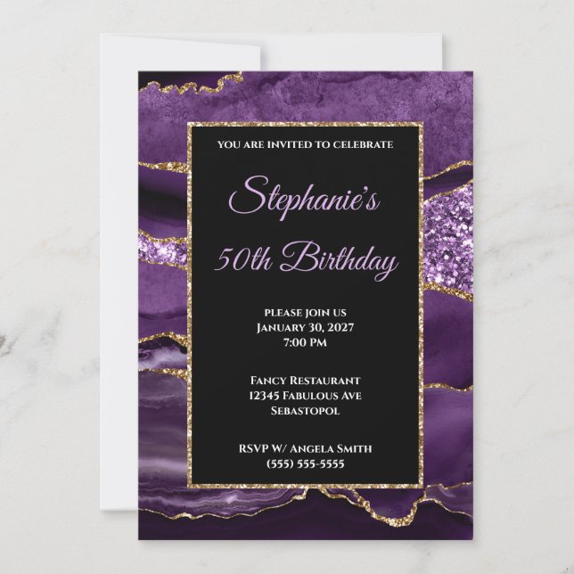 Invitación Glam, Purpurina de oro de la Purple Agate, 50 años (Anverso)