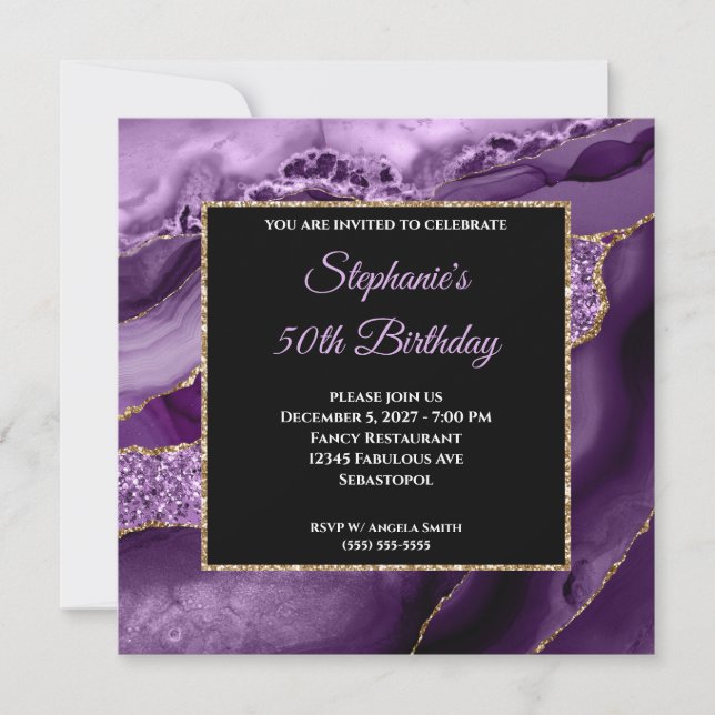 Invitación Glam, Purpurina de oro de la Purple Agate, 50 años (Anverso)