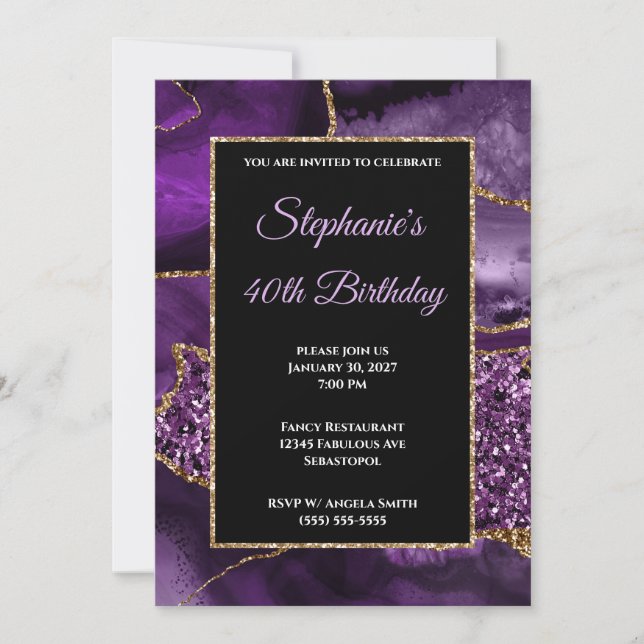 Invitación Glam, Purpurina de oro de Purple Agate, 40 años (Anverso)