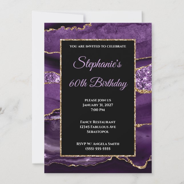 Invitación Glam, Purpurina de oro de Purple Agate, 60 años (Anverso)