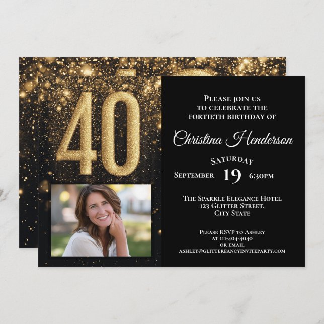 Invitación Glam, Purpurina de oro negro, foto de 40 años, Fie (Anverso / Reverso)