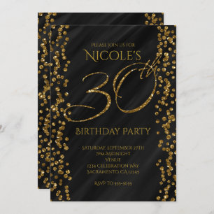 Invitación Glam, Purpurina de oro negro y falso, 30° cumpleañ