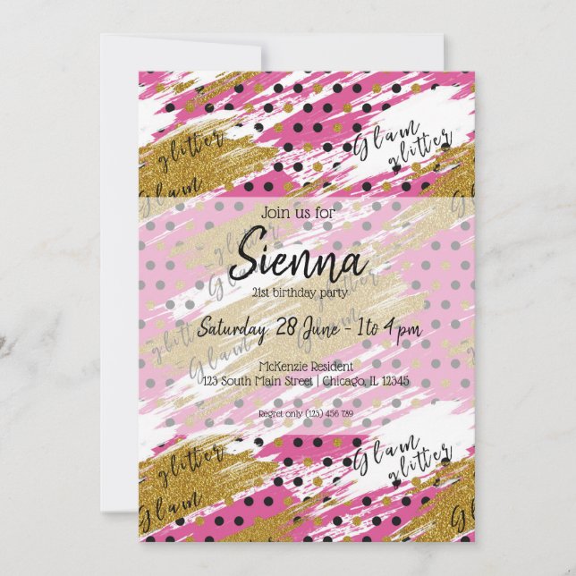 Invitación Glam purpurina de oro rosa (Anverso)