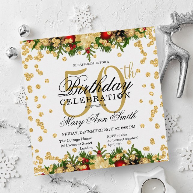 Invitación Glam, Purpurina de Oro y Festividad Roja, 50 años (Gold & Red Holiday Glitter Glam 50th Birthday Invitation)