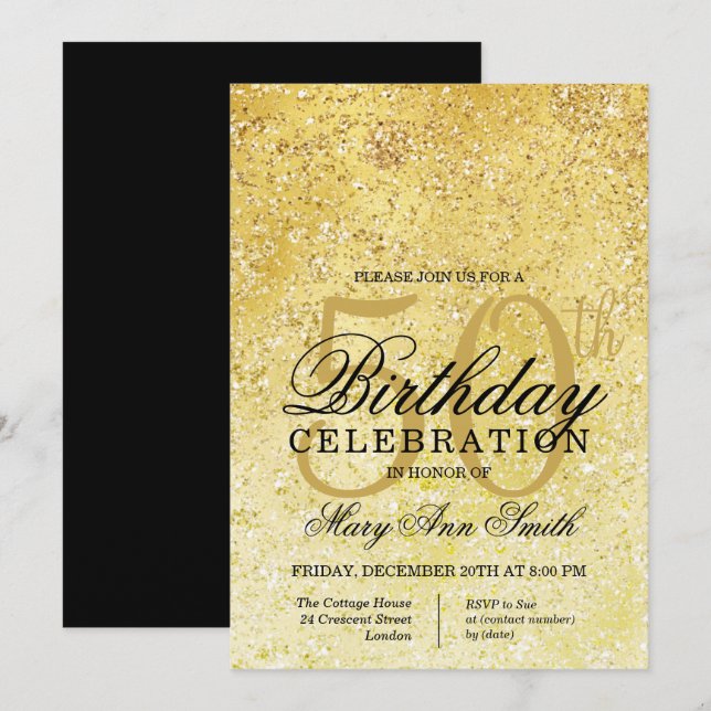 Invitación Glam, Purpurina de oro y negro, 50° cumpleaños (Anverso / Reverso)