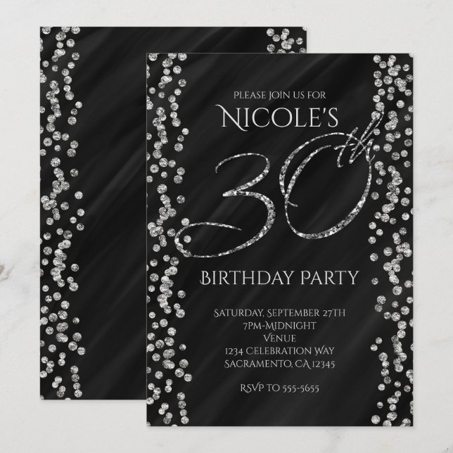 Invitación Glam, Purpurina de Plata Negra y Faux, 30° cumplea (Anverso / Reverso)