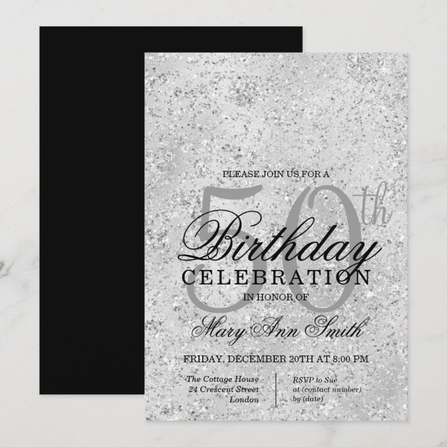 Invitación Glam, Purpurina de Plata y Negro, fiesta de cumple (Anverso / Reverso)