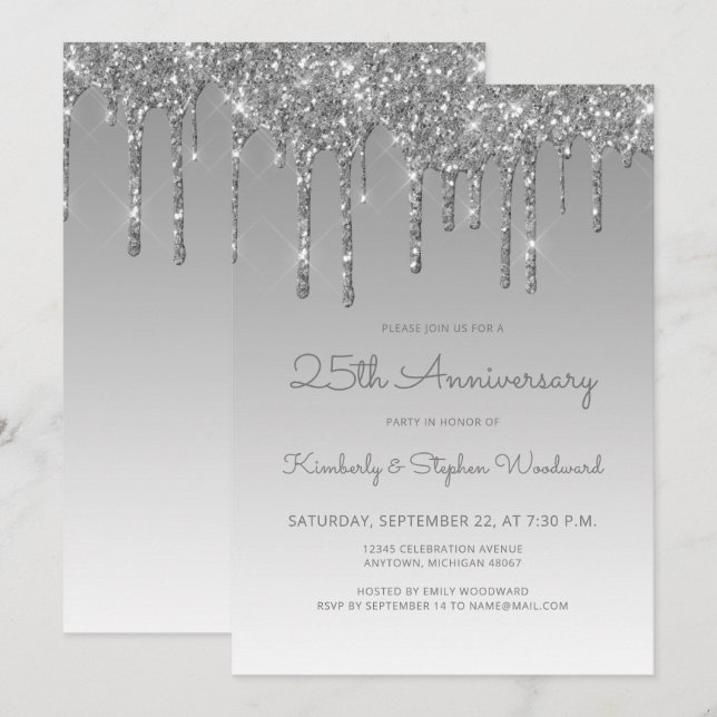 Invitación Glam Purpurina Drip Silver Fiesta del 25° Aniversa (Anverso / Reverso)