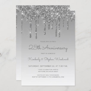Invitación Glam Purpurina Drip Silver Fiesta del 25° Aniversa